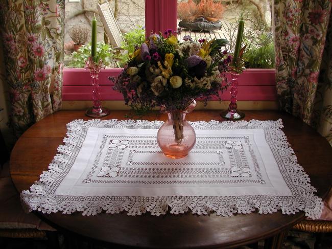 Stunning table centre or chest topper with drawn thread & irish guipure1890