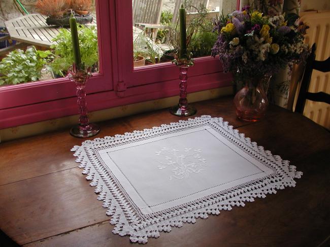 So romantic trolley or chest cloth with embroidered clover & pretty lace edging