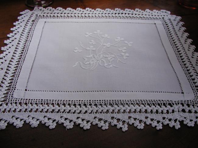 So romantic trolley or chest cloth with embroidered clover & pretty lace edging