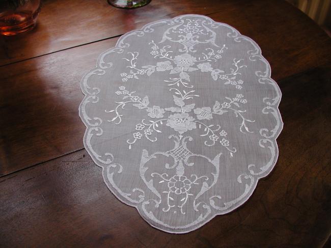 Wonderful oval table centre in organdi with gorgeous white embroidery