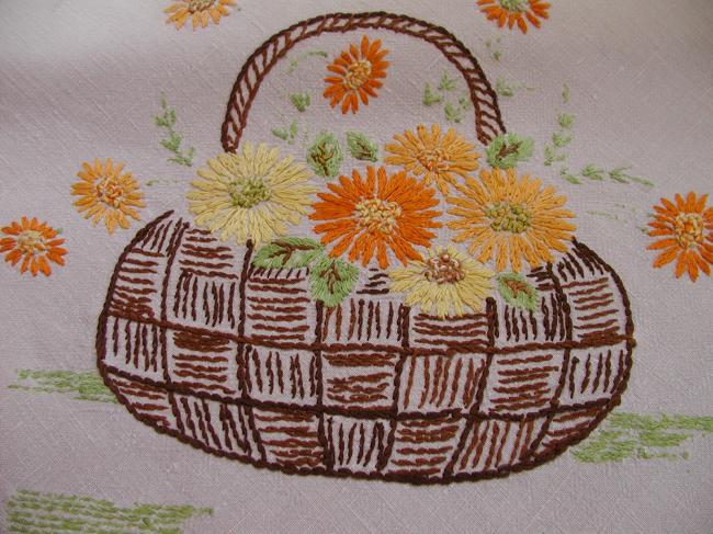 Charming tablecloth with hand made embroidered baskets of flowers