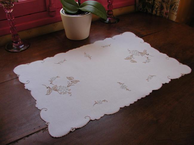 So pretty tray cloth or small table runner with hand embroidered forget-me-not