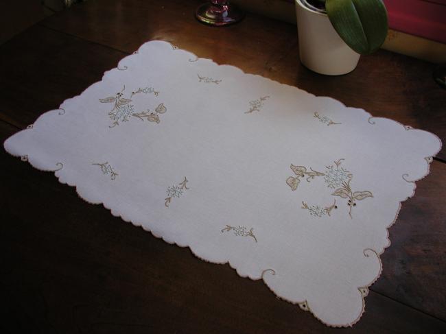 So pretty tray cloth or small table runner with hand embroidered forget-me-not