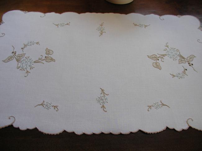So pretty tray cloth or small table runner with hand embroidered forget-me-not