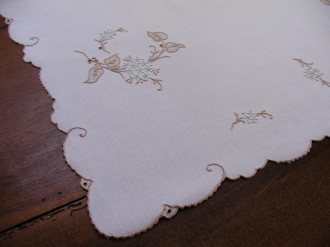 So pretty tray cloth or small table runner with hand embroidered forget-me-not