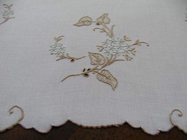 So pretty tray cloth or small table runner with hand embroidered forget-me-not