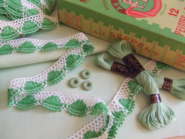 Charmante dentelle bicolore vert & blanc en coton à feston en 23mm