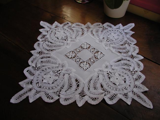 Gorgeous Battenburg table centre with drawn thread river 1900