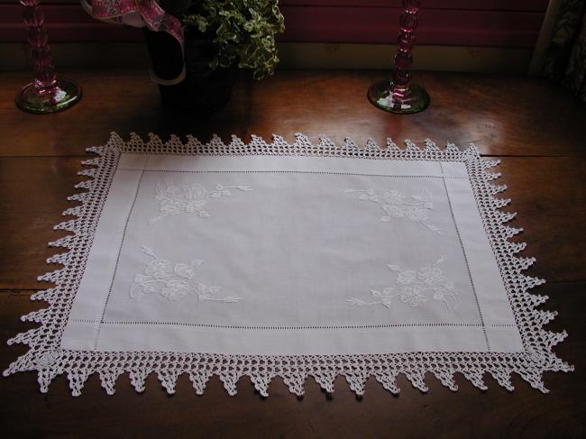 Wonderful table centre with white embroidery and lovely crochet lace