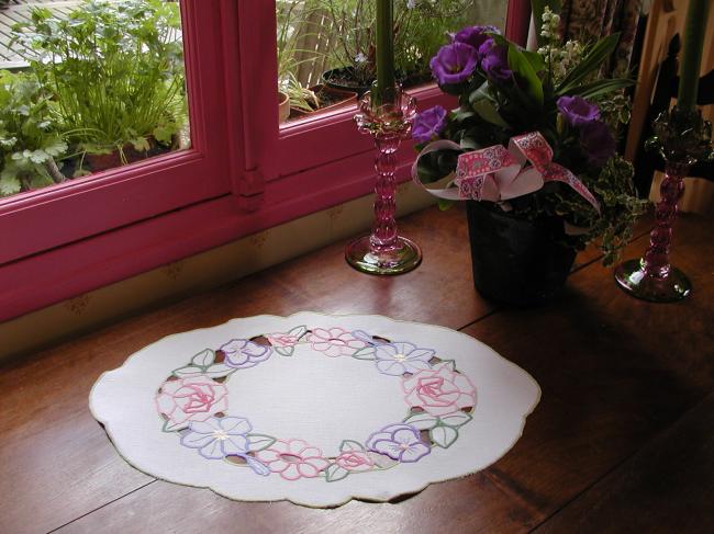 Wonderful table centre with colorful embroidery with cutworks