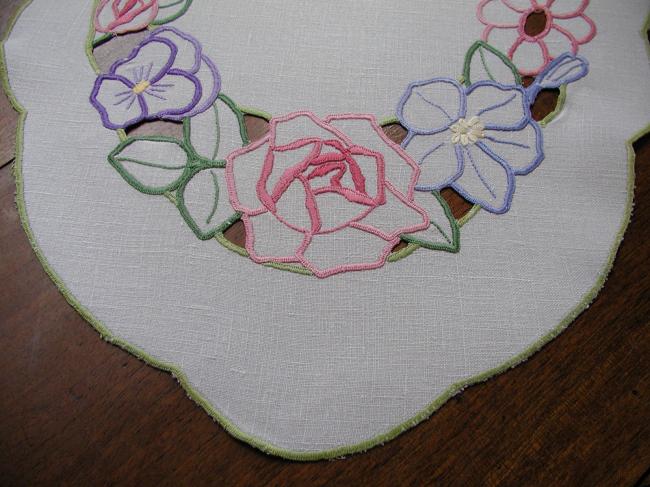 Wonderful table centre with colorful embroidery with cutworks