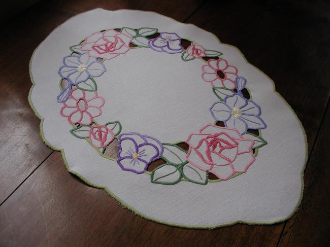 Wonderful table centre with colorful embroidery with cutworks