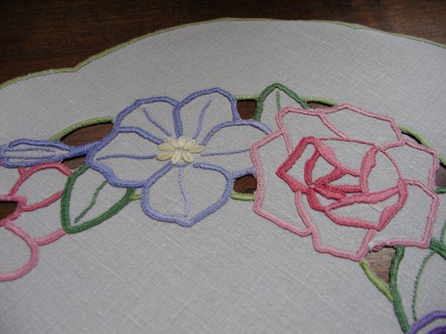 Wonderful table centre with colorful embroidery with cutworks