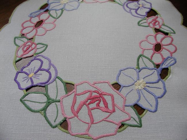 Wonderful table centre with colorful embroidery with cutworks