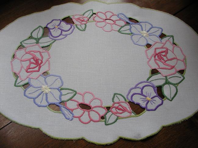 Wonderful table centre with colorful embroidery with cutworks