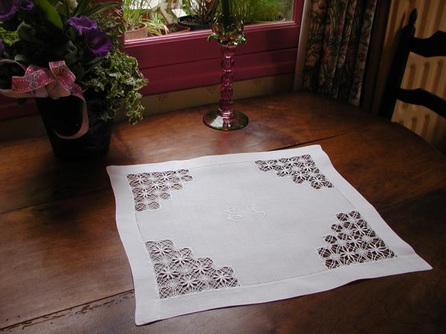Wonderful drawn thread table centre with a monogramm E.G