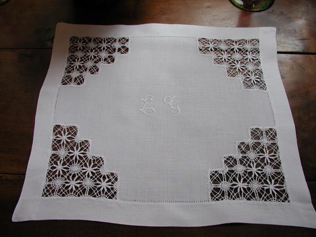 Wonderful drawn thread table centre with a monogramm E.G