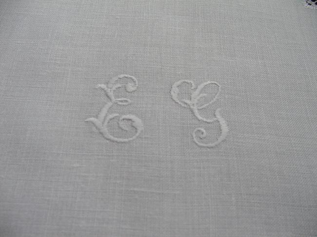 Wonderful drawn thread table centre with a monogramm E.G