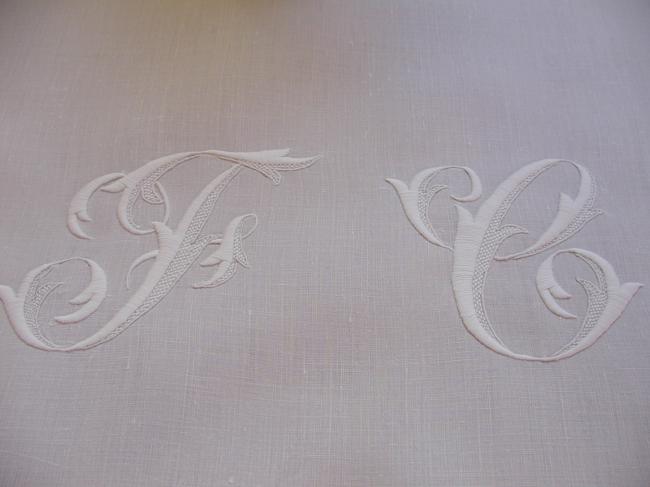 Wonderful pillow sham with gorgeous white works and monogramm FC