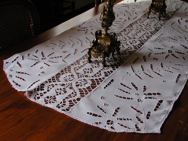 Gorgeous and very large table runner with lovely Richelieu work and Cluny lace