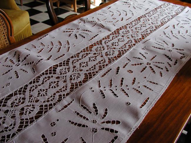 Gorgeous and very large table runner with lovely Richelieu work and Cluny lace