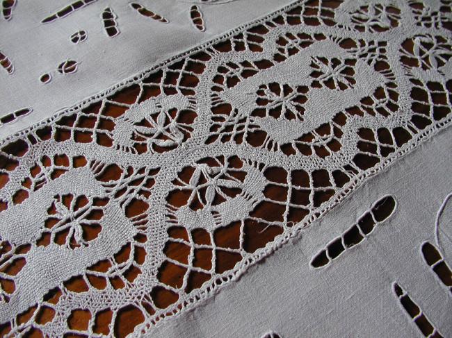 Gorgeous and very large table runner with lovely Richelieu work and Cluny lace