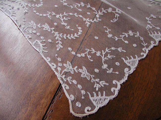 Gorgeous scarf or barbe in embroidered net 1890