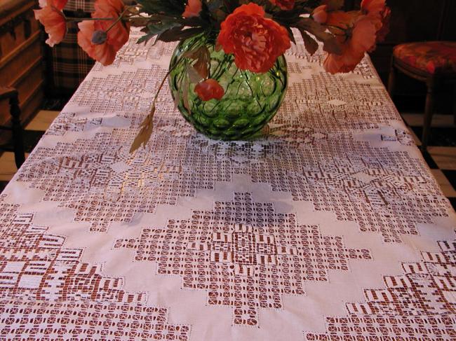 Masterpiece of tablecloth with lavish drawn thread works circa 1890.