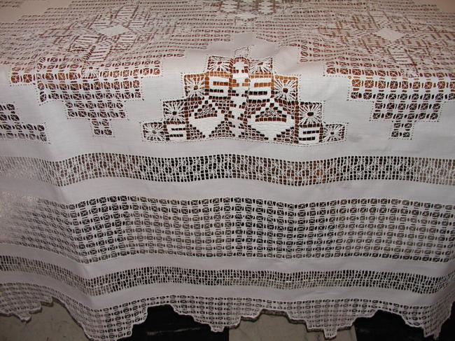 Masterpiece of tablecloth with lavish drawn thread works circa 1890.