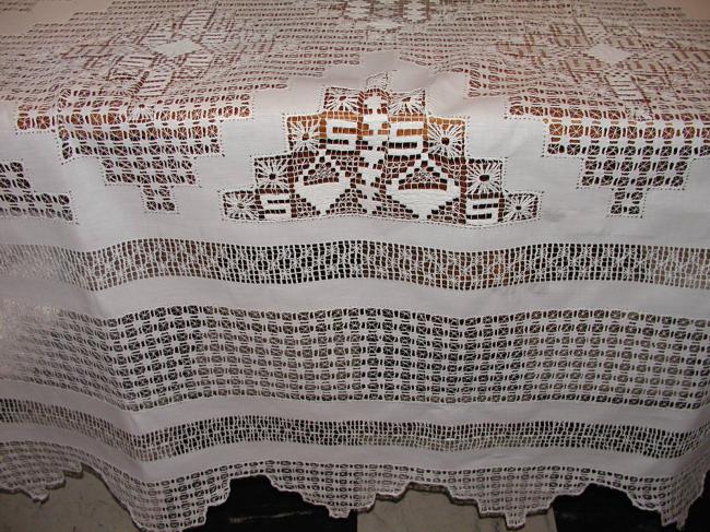 Masterpiece of tablecloth with lavish drawn thread works circa 1890.