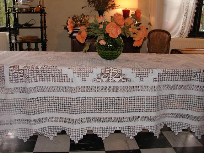Masterpiece of tablecloth with lavish drawn thread works circa 1890.
