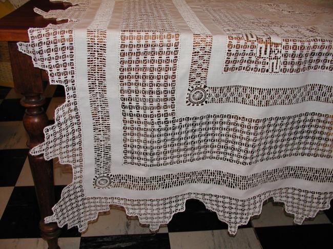 Masterpiece of tablecloth with lavish drawn thread works circa 1890.