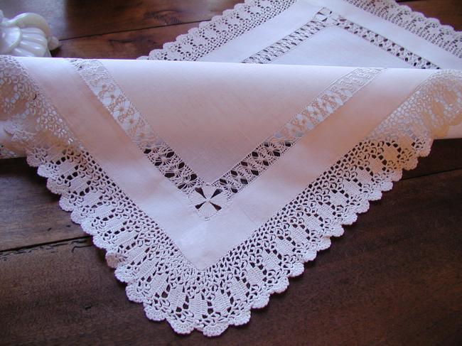 Superb linen table centre with hand-made crochet lace & drawn thread river