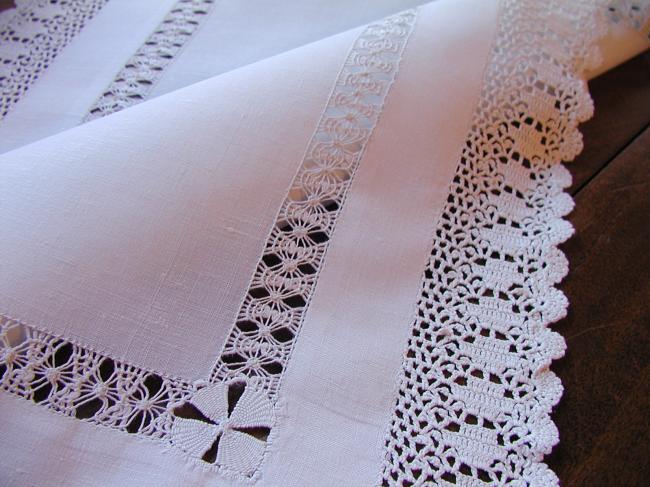 Superb linen table centre with hand-made crochet lace & drawn thread river