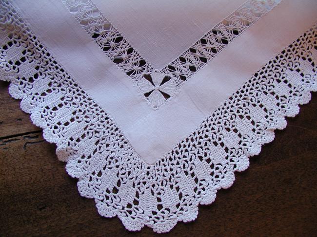 Superb linen table centre with hand-made crochet lace & drawn thread river