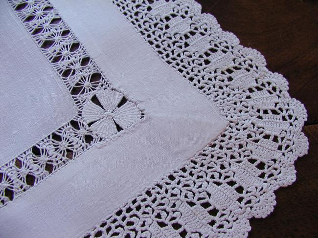 Superb linen table centre with hand-made crochet lace & drawn thread river