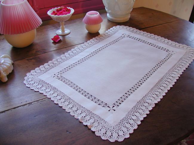 Superb linen table centre with hand-made crochet lace & drawn thread river