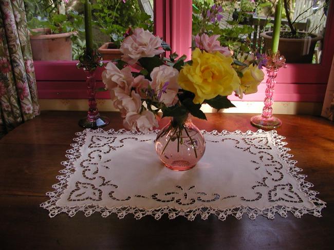 Gorgeous linen table centre with Richelieu works and Cluny lace