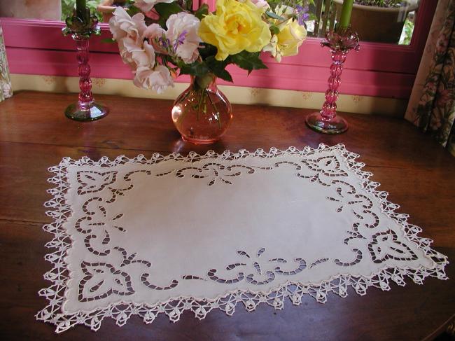 Gorgeous linen table centre with Richelieu works and Cluny lace