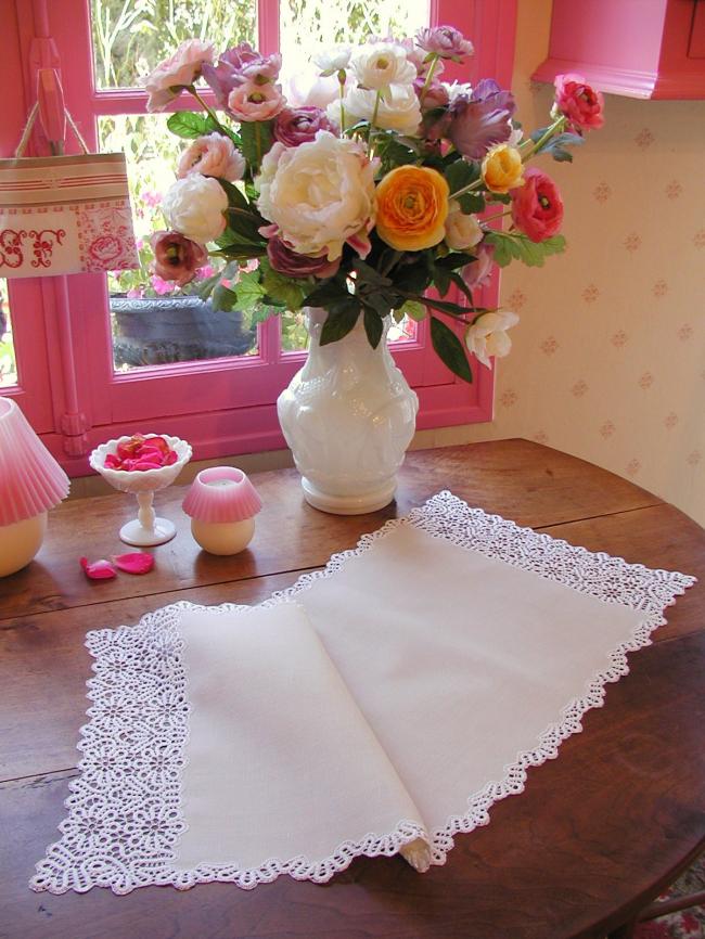 Charming table runner with hand-made Renaissance style tape lace