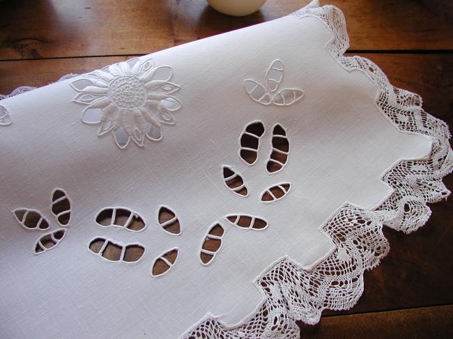 Striking table centre with handmade Richelieu works and bobbin lace edging