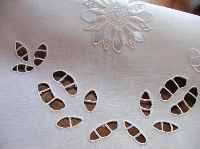 Striking table centre with handmade Richelieu works and bobbin lace edging