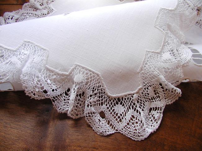 Striking table centre with handmade Richelieu works and bobbin lace edging