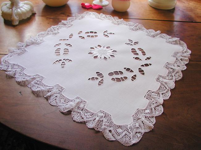 Striking table centre with handmade Richelieu works and bobbin lace edging