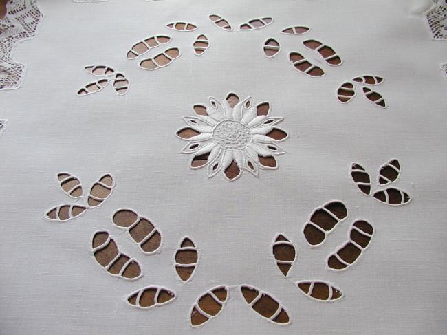 Striking table centre with handmade Richelieu works and bobbin lace edging