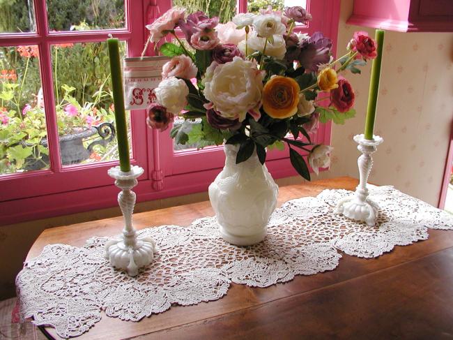 Wonderful table runner in tape lace with  Richelieu bridges 1900