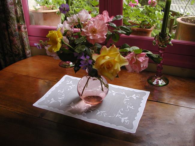 So charming table centre with applied and white works on organdi