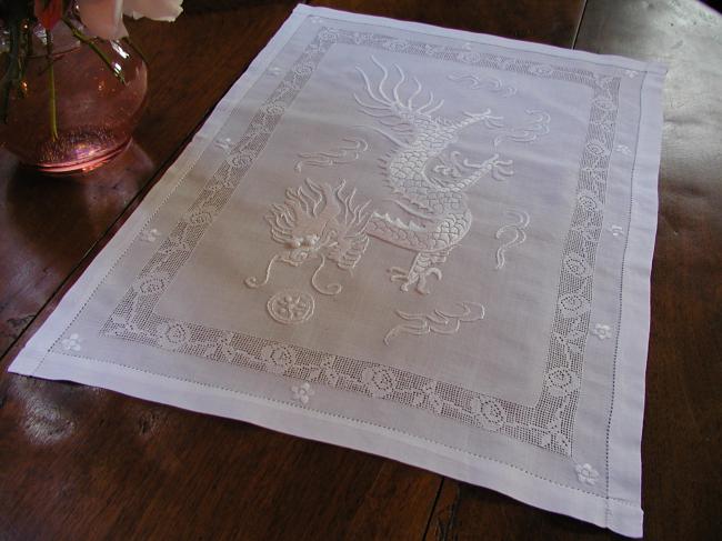 Spectacular table centre with silk embroidered dragon and drawn thread works