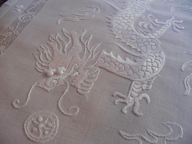 Spectacular table centre with silk embroidered dragon and drawn thread works