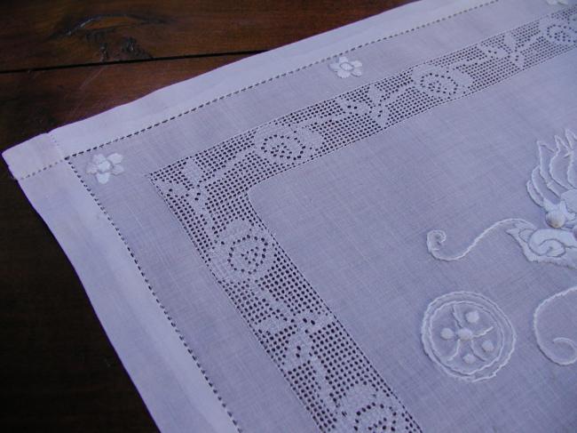 Spectacular table centre with silk embroidered dragon and drawn thread works